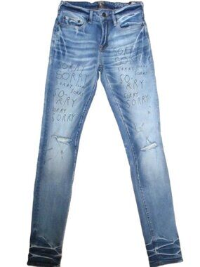 New PRPS WINDSOR Tapered Skinny Fit Stretch Jeans Sorry Graffiti Writing 30 x 33